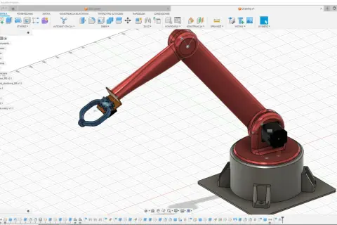 Czerwone ramię robota 3D z chwytakiem, widok z programu CAD.