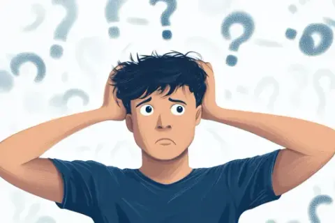 A confused person with hands on their head surrounded by question marks, pondering if boxing lowers IQ.