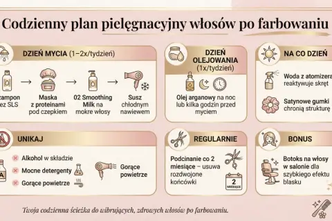 Plan pielęgnacji włosów po farbowaniu: unikaj alkoholu, mocnych detergentów i gorącego powietrza, by ratować ekstremalnie zniszczone włosy.