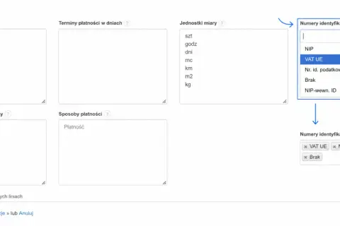 Wybór "VAT UE" z listy numerów identyfikacyjnych. Nazwa rejestru i numer wpisu w rejestrze.
