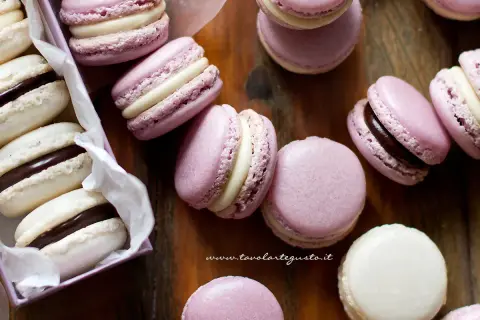 Deliziosi macarons viola e bianchi con ripieno di ganache al cioccolato e crema.