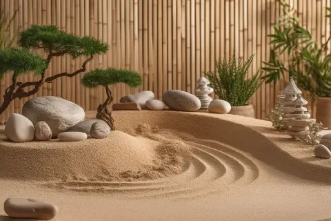 Miniatur-asiatischer Garten mit Bonsai, Steinen und Sandwellen vor Bambuswand.