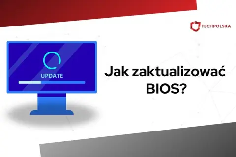Grafika przedstawia ekran komputera z napisem "UPDATE" i paskiem postępu, obok tekst "Jak zaktualizować BIOS?".