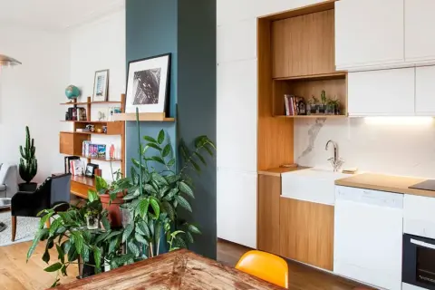 Piante rigogliose e una libreria in legno aiutano ad abbellire una colonna in questo soggiorno moderno con cucina a vista.
