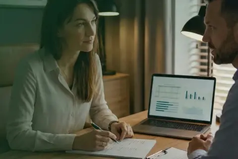 Kobieta i mężczyzna przy biurku analizują wykresy na laptopie i dokumenty.