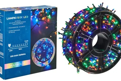 Lampki choinkowe LED na rolce, wielokolorowe, 1000 sztuk. Zasilanie 220-240V, moc 6W. Dowiedz się, ile prądu zużywają lampki choinkowe LED.