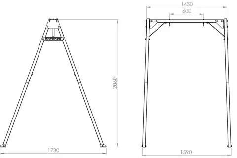 Schemat huśtawki ogrodowej z wymiarami: wysokość 2060 mm, szerokość 1590 mm, głębokość 1730 mm.