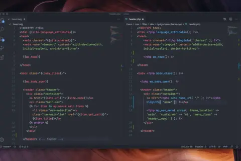 Code source d'un fichier Twig, incluant des balises et des variables pour un en-tête de site web.