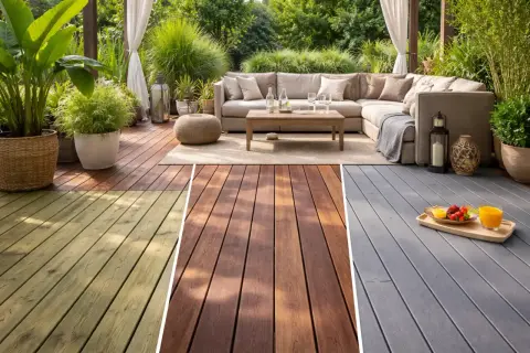 Comparativa de acabados para colocar suelo de madera sobre vigas: verde, marrón y gris.