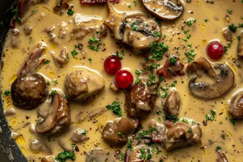 Krämig renskav med svamp och lingon. Ett klassiskt svenskt renskav recept som ser otroligt gott ut!