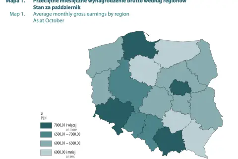 Mapa Polski z zaznaczonymi regionami i ich przeciętnym miesięcznym wynagrodzeniem brutto w październiku.