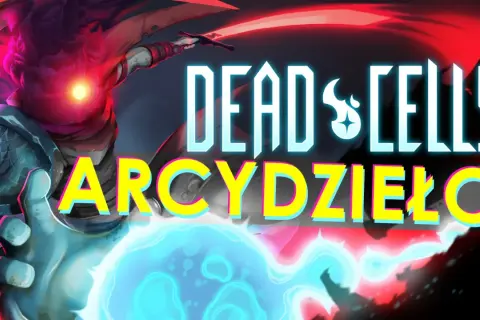 Postać z gry roguelike Dead Cells trzymająca kulę energii. Napis "ARCYDZIEŁO" podkreśla jakość tej gry.
