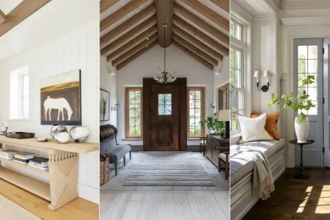 Three distinct entryway designs: a bright, modern space with a console table; a rustic hall with a grand wooden door and beamed ceiling; and a cozy nook with a window seat and double doors.