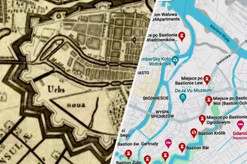 Stara mapa fortyfikacji Gdańska obok współczesnej mapy z zaznaczonymi bastionami i atrakcjami.