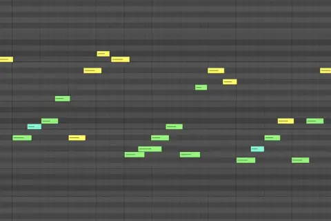 Ein bunter midi sequencer zeigt gelbe und grüne Noten auf einem Klavierlayout.