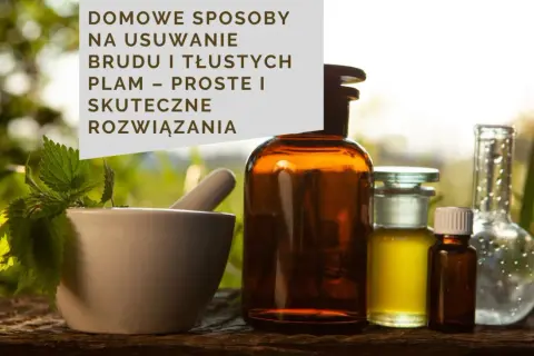 Domowe sposoby na usunięcie wrośniętego brudu i tłustych plam. Zioła i buteleczki z płynami sugerują naturalne metody.