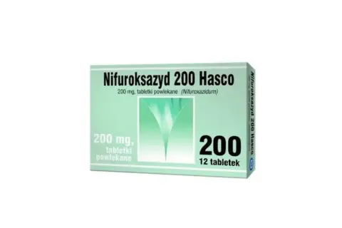 Opakowanie Nifuroksazyd 200 Hasco, 12 tabletek powlekanych. Lek pomocny w problemach żołądkowych u psa.