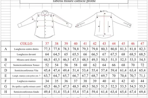 Tabella misure camicie: la taglia 18 corrisponde a un collo di 43 cm, con varie misure di lunghezza e larghezza.