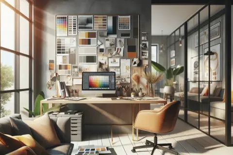 Inspiracja do pkd wykończenie wnętrz: moodboard, komputer z paletą kolorów, próbki materiałów i wygodna sofa.