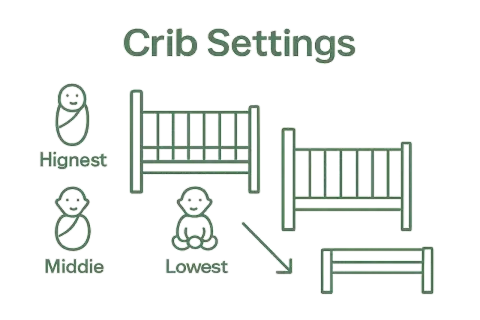 Illustration showing crib settings: highest, middle, and lowest mattress positions. It visually explains how tall are cribs at different levels.