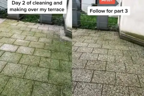 Antes y después de limpiar el suelo de la terraza, mostrando cómo quitar manchas grasa y musgo.