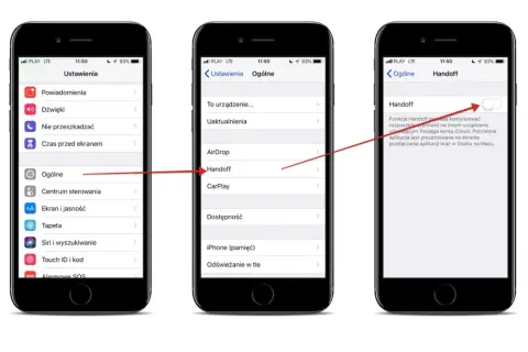 Trzy ekrany iPhone'a pokazujące ścieżkę Ustawienia > Ogólne > Handoff.