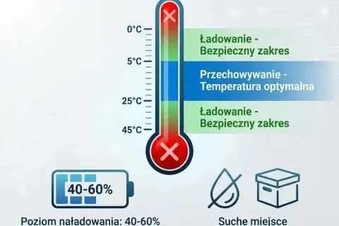 Termometr pokazuje optymalne warunki dla żywotności akumulatora: ładowanie w bezpiecznym zakresie temperatur, przechowywanie w optymalnej temperaturze, poziom naładowania 40-60% i suche miejsce.