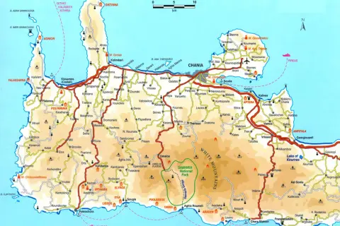 Mapa Krety z zaznaczonymi drogami, miastami i górami. Widać m.in. Chanię, Samarię i wyspę Gavdos.