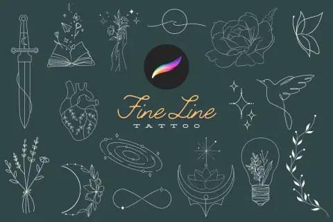 Feine Linien-Tattoos: Schwert, Herz, Rose, Schmetterling, Buch, Mond, Glühbirne & mehr. Ein Hauch von Magie für deine Haut.
