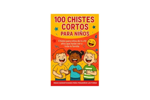 Portada de libro "100 chistes graciosos cortos para niños", con tres niños riendo a carcajadas. ¡Diversión garantizada!