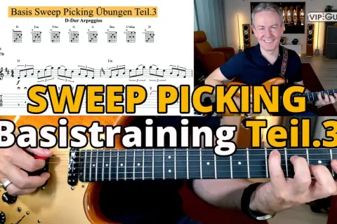 Mann spielt Gitarre, Noten und Akkorde für Sweep Picking Übungen.