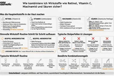 Retinol-Kosmetik: Ein Leitfaden für die Hautpflege. Erklärt, wie man Retinol, Vitamin C, Niacinamid und Säuren kombiniert.