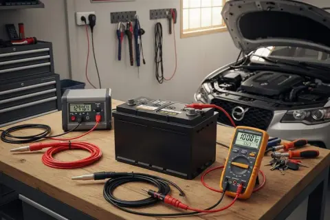 Diagnostic d'une batterie de voiture avec chargeur et multimètre. Idéal pour le temps de recharge batterie voiture en roulant.