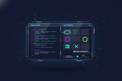 Éditeur de code affichant des animations CSS, avec un aperçu en direct d'effets d'interface créatifs. Le mot-clé `css will-change` est implicite dans l'optimisation des animations.