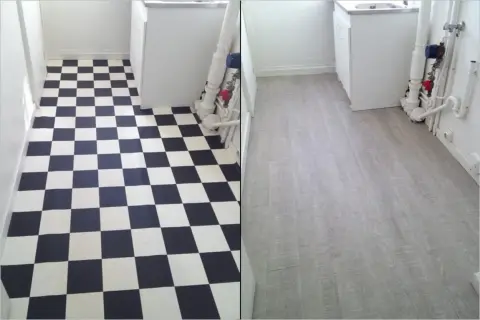 Comparaison avant/après : un carrelage moche à damier noir et blanc remplacé par un revêtement gris imitation bois.