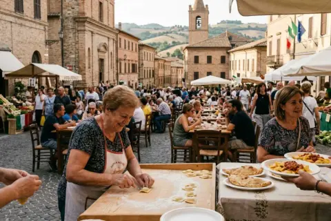 Festa di paese a Treia, Marche: gente a tavola, bancarelle di prodotti tipici e una signora che prepara ravioli.