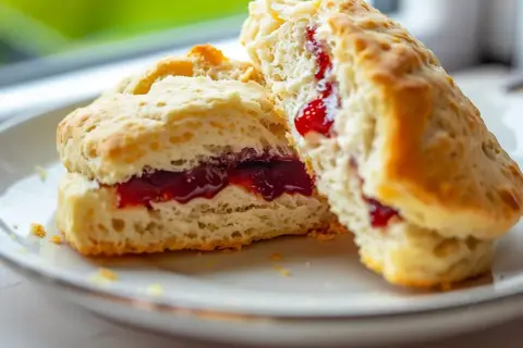 Två fluffiga scones utan filmjölk, fyllda med sylt, ligger på en vit tallrik.
