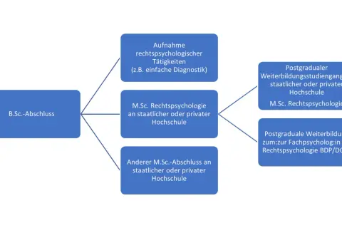 Flussdiagramm zeigt Wege zum forensische psychologie master: B.Sc. Abschluss führt zu rechtspsychologischer Tätigkeit oder M.Sc. Rechtspsychologie.