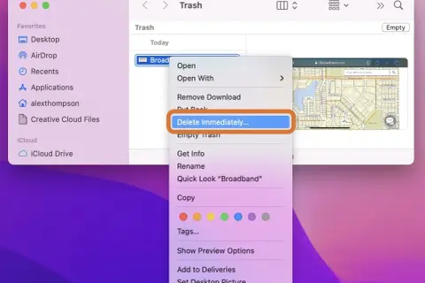 Opcja "Delete Immediately..." w menu kontekstowym na Macu, by trwale usunąć plik z Kosza.