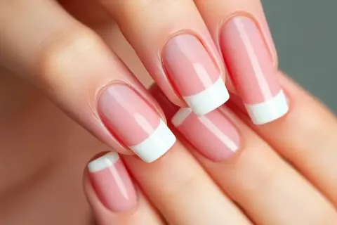 Dłonie z perfekcyjnym manicurem french kolor. Delikatny róż i biel tworzą klasyczny, elegancki wygląd.