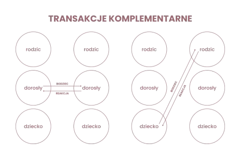 Schemat analizy transakcyjnej: transakcje komplementarne między stanami ego (rodzic, dorosły, dziecko).