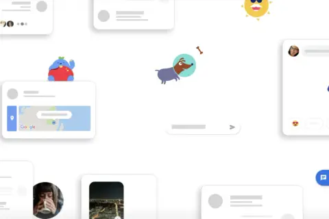 Wiadomości Google SMS: urocze postacie i ikony, mapa Google, piesek w kosmosie, słońce i okna czatu.