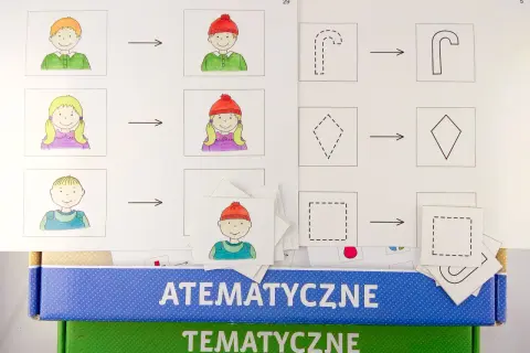 Ćwiczenia na analogię: dzieci w czapkach i kształty. Dzieci dopasowują obrazki, a kształty zmieniają się z przerywanych na ciągłe.