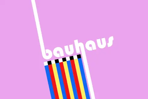 A minimalist bauhaus graphic design featuring the word "bauhaus" in white text on a pink background, with colorful vertical stripes below.