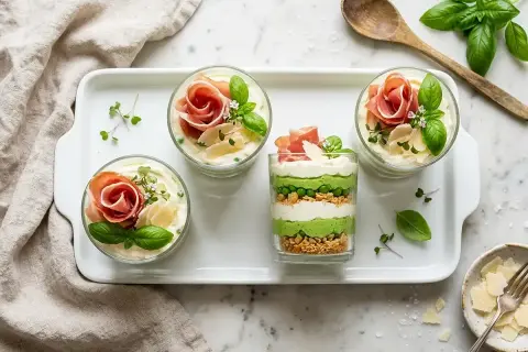 Délicieux tiramisu salé en verrines, garni de fines tranches de jambon, de petits pois et de copeaux de parmesan.