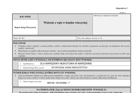 Formularz KW-WPIS do wykreślenia hipoteki z księgi wieczystej. Wniosek o wpis w księdze wieczystej.