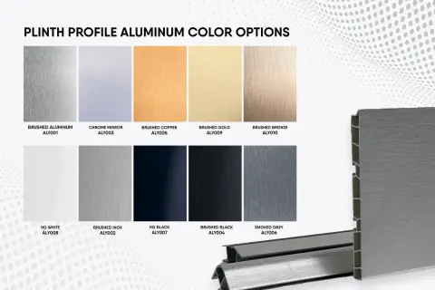 Opzioni di colore per profili battiscopa in alluminio: spazzolato, cromato, rame, oro, bronzo, bianco, inox, nero e grigio fumé.