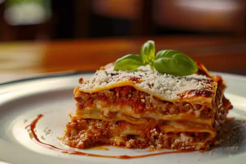 Ein Stück Lasagne al forno, mit Hackfleischsauce, Käse und Basilikum garniert.