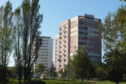 Wysokie bloki mieszkalne na osiedlu Lotnictwa Polskiego, otoczone zielenią i wysokimi drzewami.