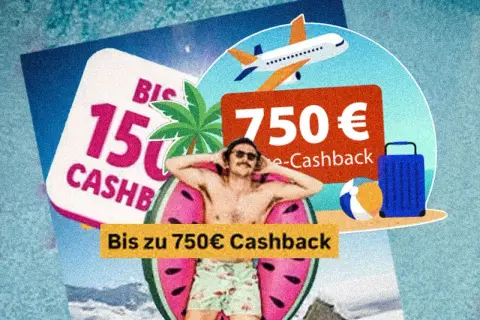 Urlaub mit bis zu 750€ Cashback! Ein Mann entspannt im Wasser, daneben Koffer, Ball und Flugzeug.
